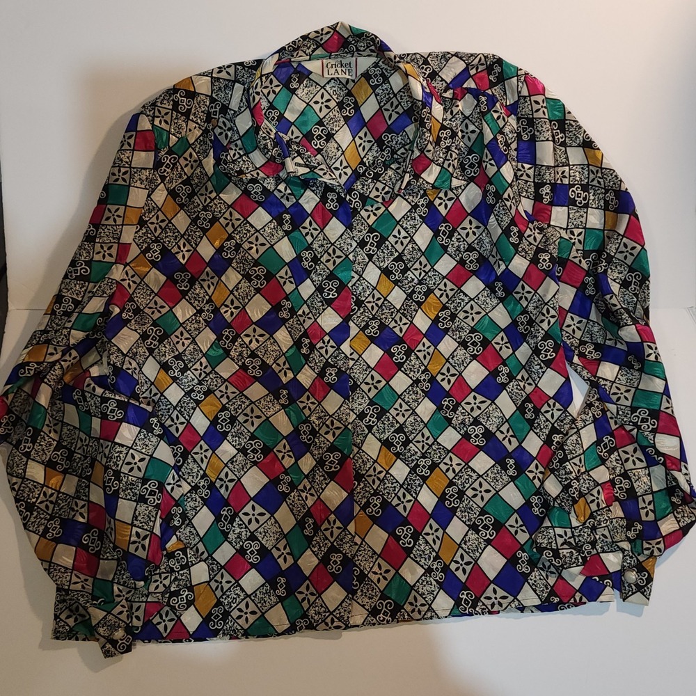 Cricket Lane Geometric Silky Buttonup Blouse Psychedelic Retro Womens Vintage